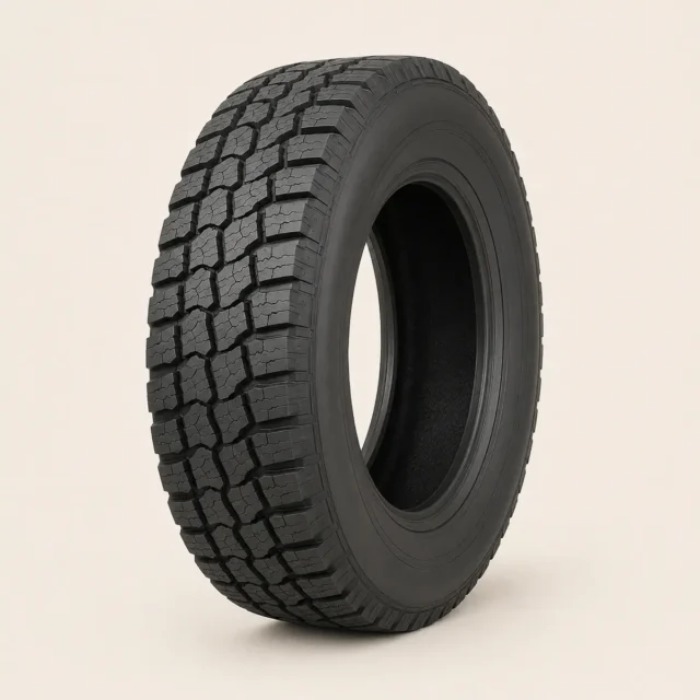 Representative all-terrain tire with interlocking tread blocks and open shoulder grooves.