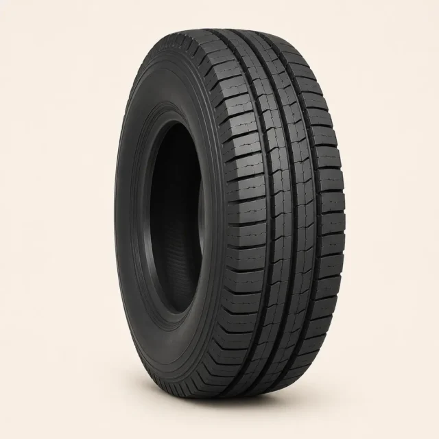 Representative commercial heavy-duty tire with straight ribbed tread for high-load highway use.