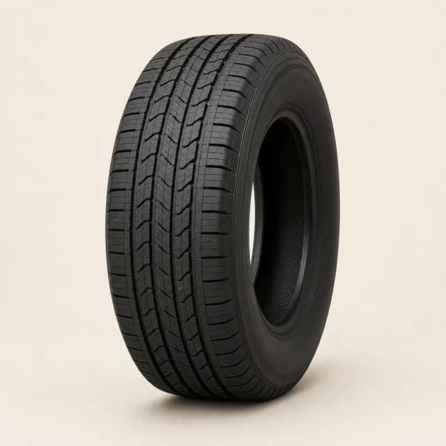Representative highway terrain tire with wide ribbed tread blocks suited to paved-road driving.