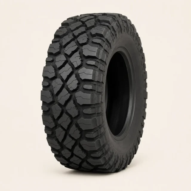 Representative mud-terrain tire with deep chunky lugs and wide voids for loose ground.