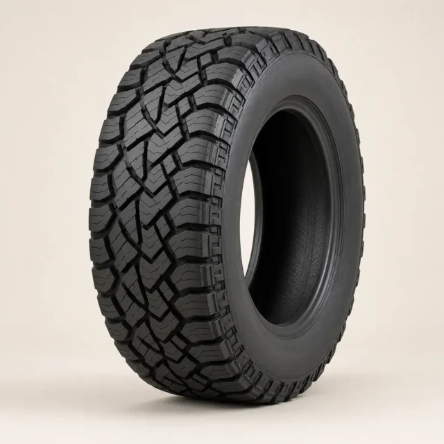 Representative rugged terrain tire with aggressive staggered tread blocks and reinforced shoulders.