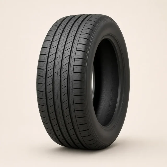 Representative touring all-season passenger tire with a symmetric ribbed tread pattern and fine siping.